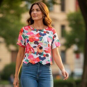 SHEIN Bright‎ Floral Watercolors Crop Top Sz L Zigzag/Scalloped Hem #256F